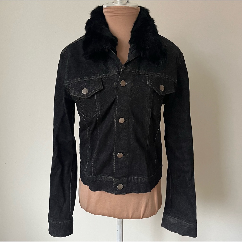 Theory Ethel B Cotton Denim Black Removable Rabbit Fur Lining Jean Jacket Euc L